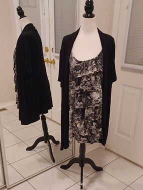 4/$40 Faux Open-Front Cardigan with Printed Ruffle Top (All 1 Piece) - Size 1X